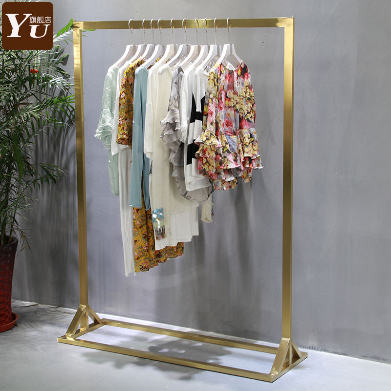 Customized clothing storestainless steel clothing display rack tube drawn matte silver titanium gold rack display rack rack