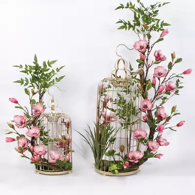 Large European birdcage lobby hotel model room Chinese Magnolia floor-to-ceiling decoration simulation floral art fake flower ornaments