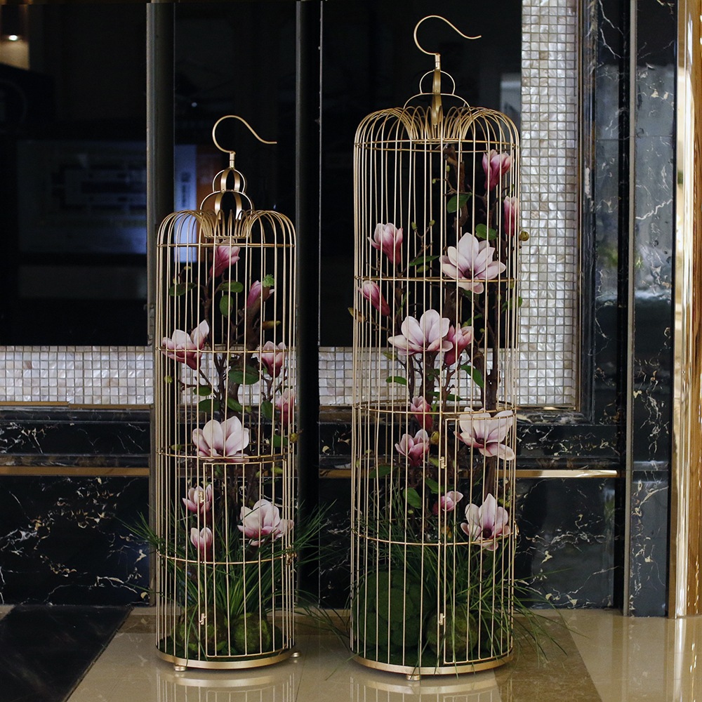 Creative Living Room Hotel Lobby Large Landing Bird Cage Large Scale Fake Flower Simulation Floral Hall Decoration Flower Pendulum