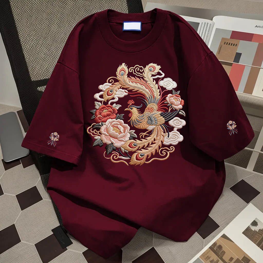 外贸清仓~撤回捡漏仿刺绣国风复古凤凰印花上衣夏季新款短袖t恤潮