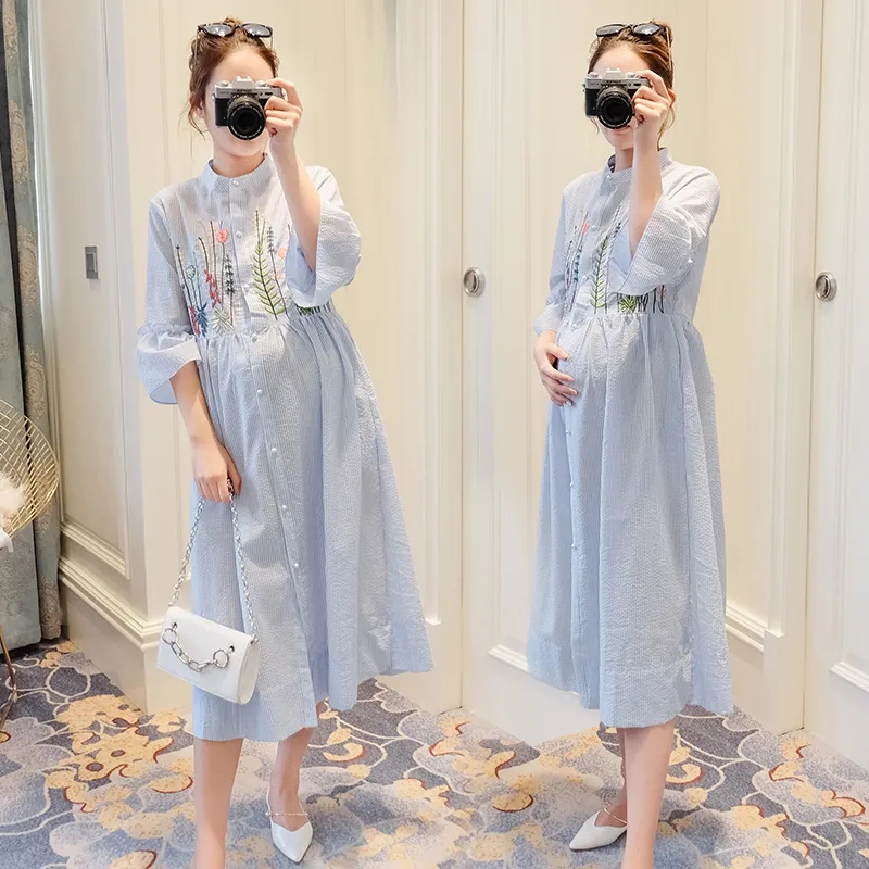 Radiation-Proof Maternity Wear, Summer Authentic Clothing, Work Wear, Bellyband Outer Wear, Mid-Length Embroidered Cotton and Linen Pregnancy Dress Radiation-Proof Maternity Wear, Summer Authentic Clothing, Work Wear, Bellyband Outer Wear, Mid-Length Embroidered Cotton and Linen Pregnancy Dress