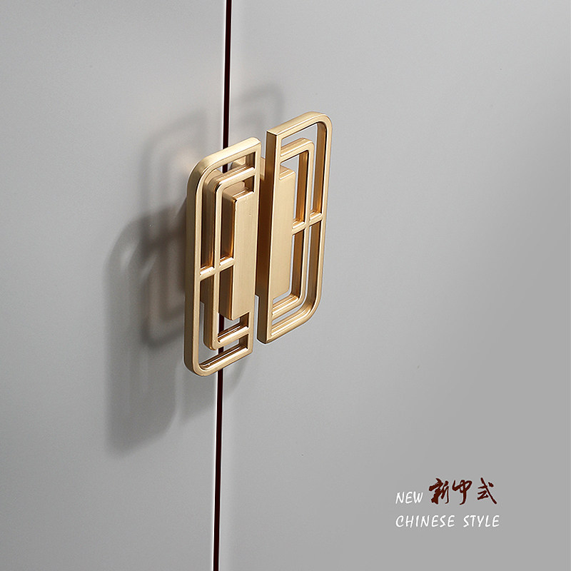 New Chinese wardrobe door handle golden antique solid wood overall cabinet door handle drawer handle pair of furniture hardware