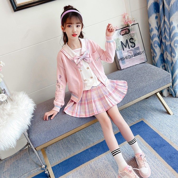 JK uniform skirt genuine full set of clothes Girls autumn primary school students pleated skirt Summer 12 children's knitwear big virgin clothes