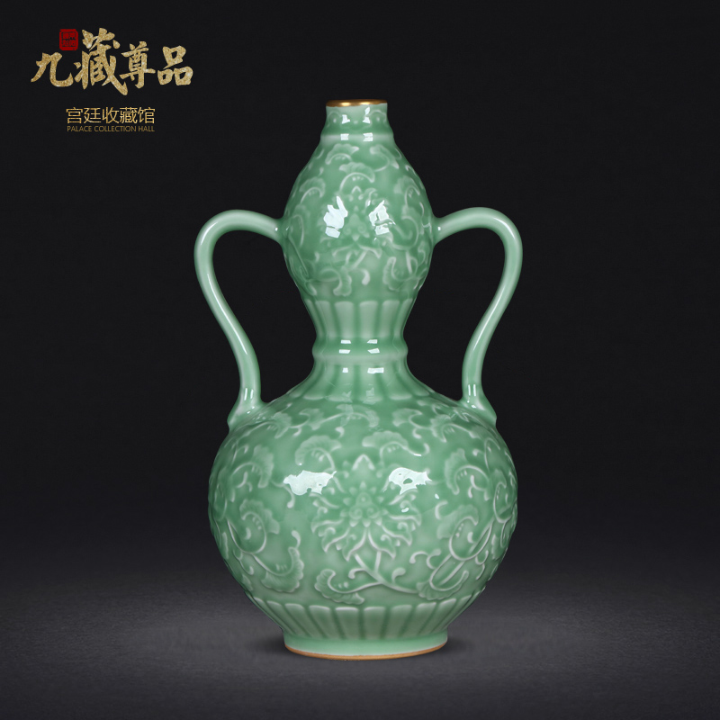 Jingdezhen ceramics archaize paint blue glaze carving ears bottle gourd sitting room home furnishing articles