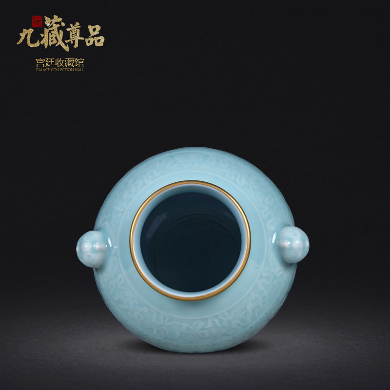 Jingdezhen porcelain antique carved blue glaze trace golden lion ear pot vase furnishing articles to decorate the sitting room of Chinese style arts and crafts