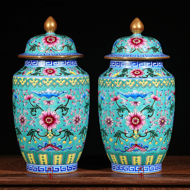 Jingdezhen floret bottle furnishing articles antique hand - made ceramic enamel pastel colored green lotus flower gift porcelain decoration