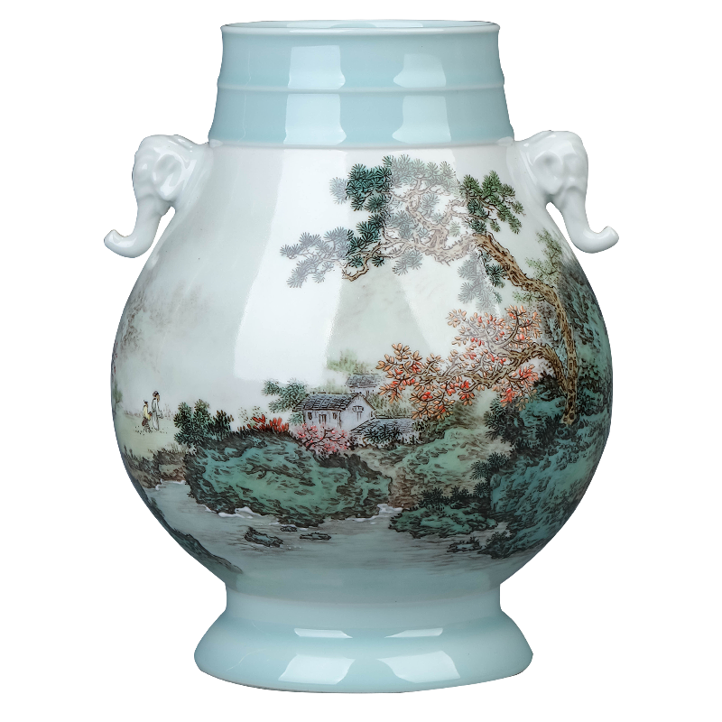 The Master of jingdezhen ceramic celadon hand - made pastel landscape vase Chinese sitting room porch rich ancient frame decorative furnishing articles
