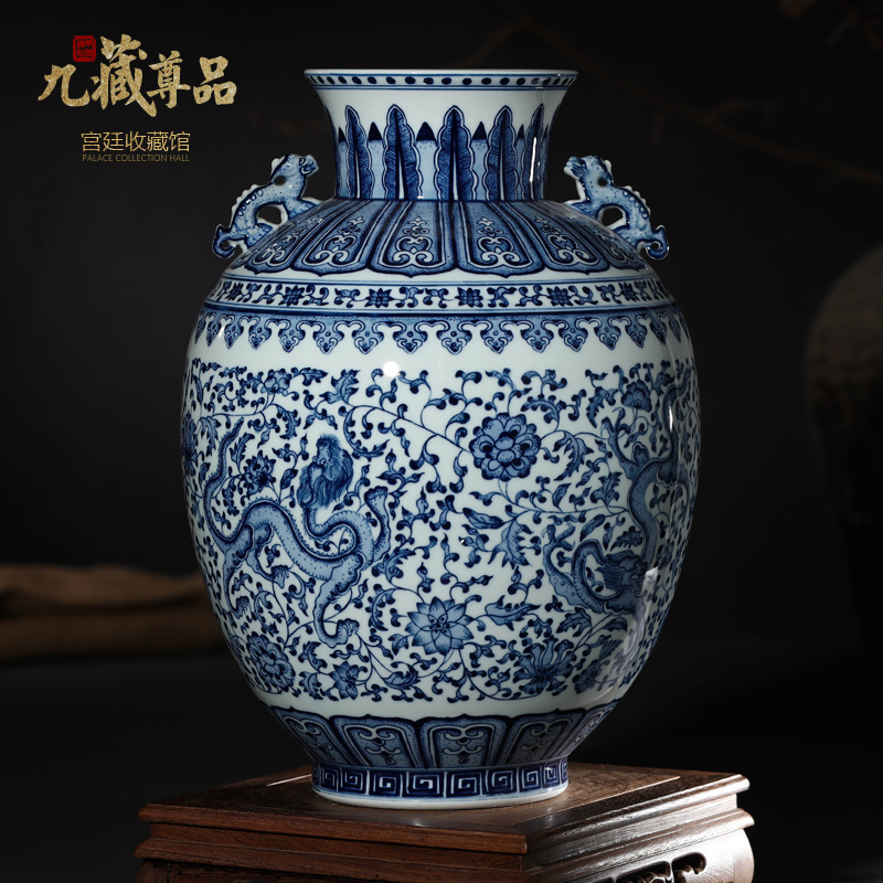 Jingdezhen ceramics imitation the qing qianlong blue - and - white hand - made bound lotus flower dragon vase furnishing articles of the new Chinese style sitting room adornment