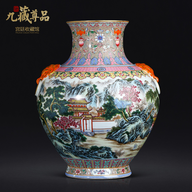 The Qing qianlong GuYueXuan pastel landscape lion ear vases, antique ancient porcelain of jingdezhen ceramic Chinese style living room furnishing articles