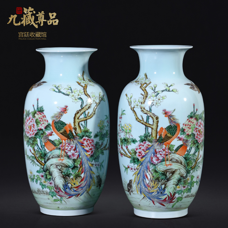 Jingdezhen ceramic antique hand - made pastel blue glaze vase Chinese style living room TV ark, flower arranging porch is decorated furnishing articles