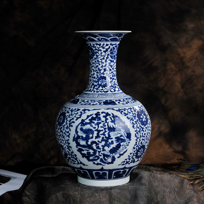 Antique hand - made longfeng design of blue and white porcelain of jingdezhen ceramic vases, flower crafts sitting room adornment furnishing articles