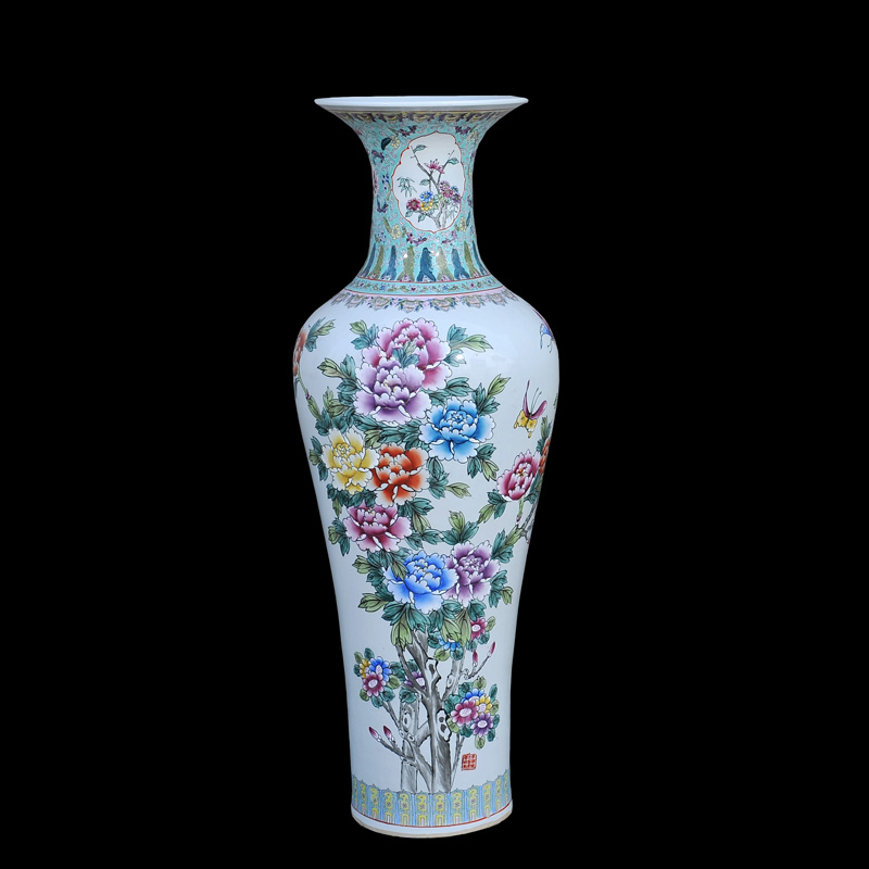 Jingdezhen ceramic of large vases, antique hand - made famille rose blooming flowers, goddess of mercy bottle of large vase