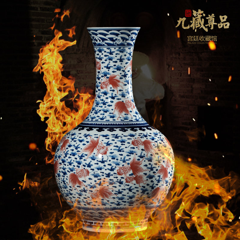 Jingdezhen ceramics imitation the qing qianlong blue - and - white youligong red fish grass flat bottles of new Chinese style sitting room adornment is placed