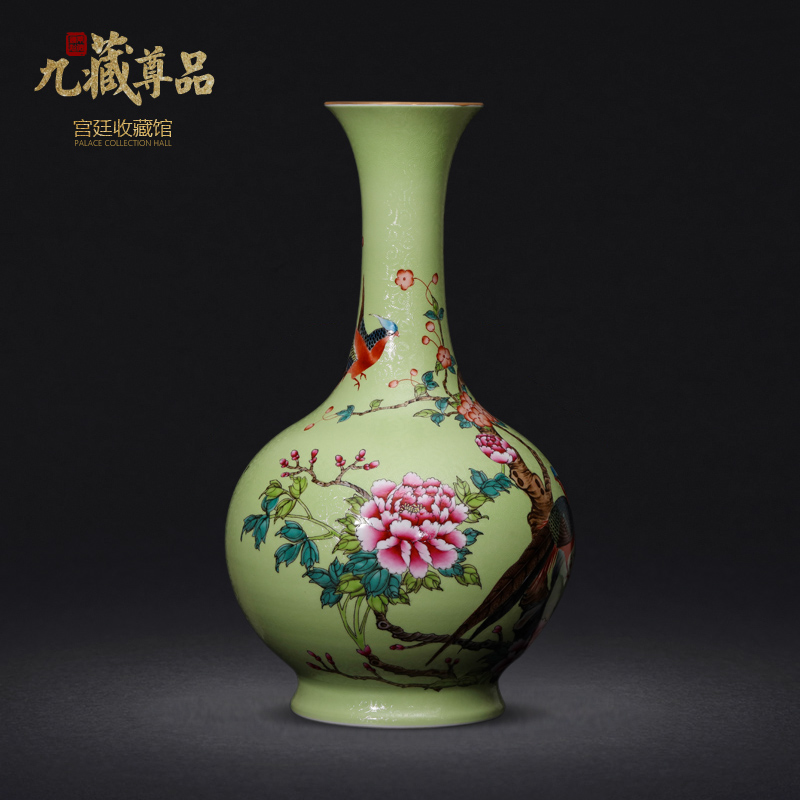 Jingdezhen ceramics powder enamel pick flowers golden pheasant grain bottle vase home decoration technology sitting room place collection