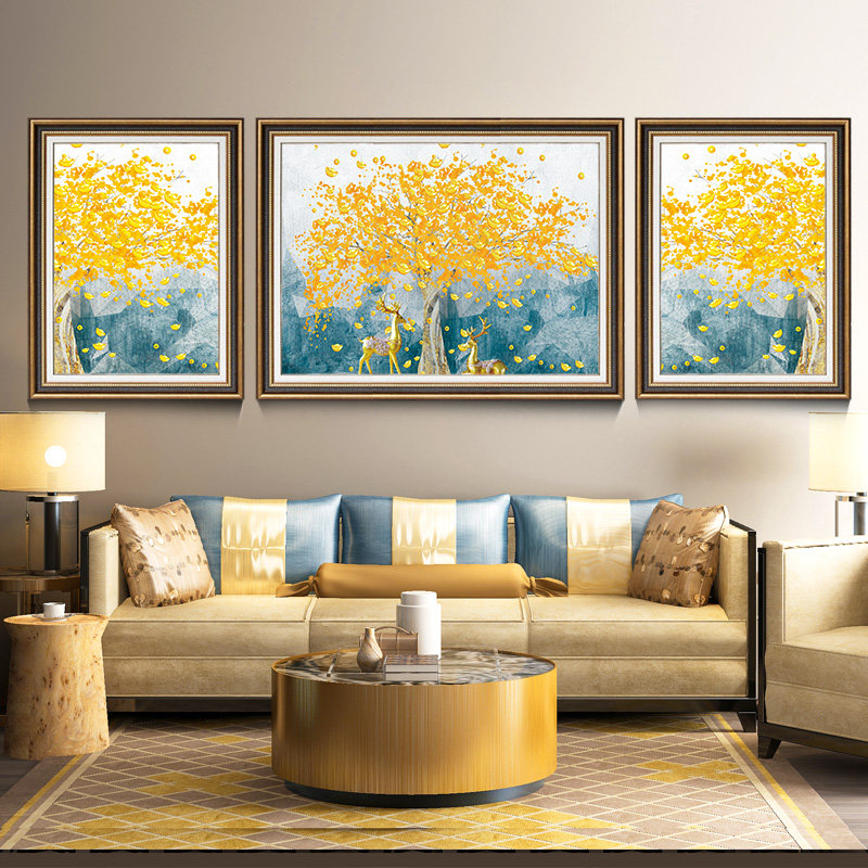 American living room decoration painting fortune tree golden mural sofa background wall triptych light luxury atmosphere with frame hanging painting