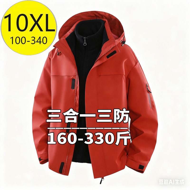 Men's Three-In-One Waterproof Jacket, Plus Size, Detachable Liner, Hood, Autumn and Winter Thickened Jacket, Trendy Plus-Size Coat