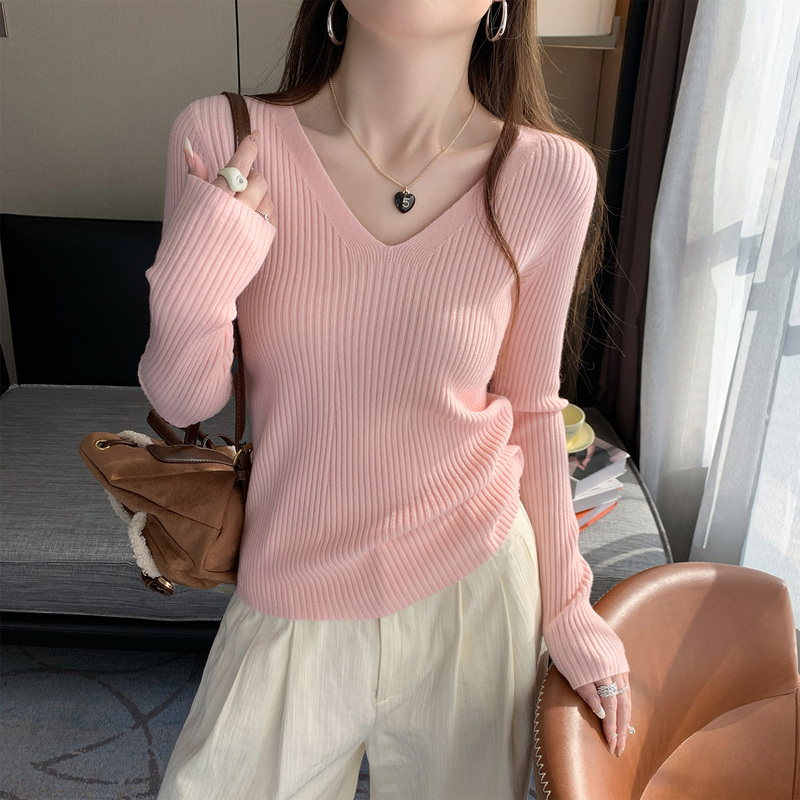 Su Sansan Pink Sweater for Women, Autumn and Winter, Can Be Worn as an Outer Layer, 2026 New Wool Base Shirt, V-Neck Knit Top
