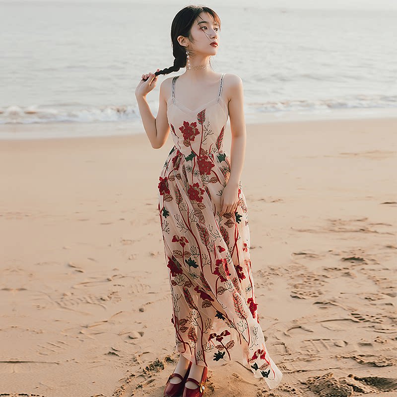 Korean embroidered backless suspender dress 2022 new summer sexy mesh fairy wind red long skirt