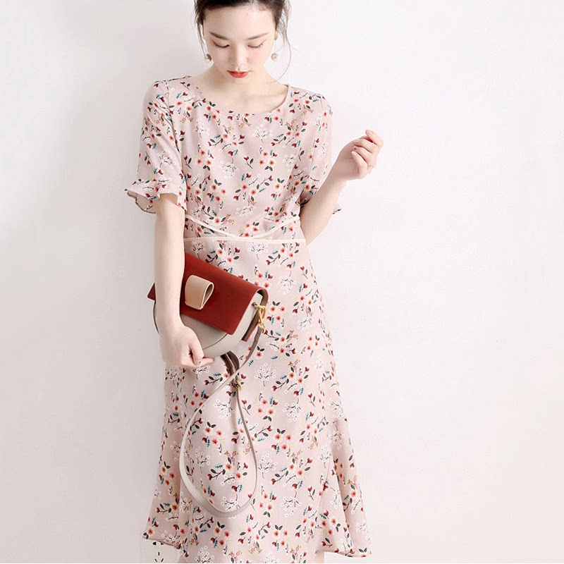 Korean Crushed Flowers Genuine Silk Dress 2022 New Summer Style Small Crowd Temperament Gentle Wind Lotus Leaf Side Tea Hysteria
