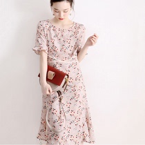 Korean floral silk dress 2021 new summer French niche temperament gentle wind ruffles tea break skirt
