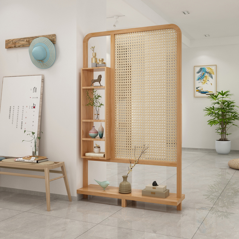 Movable Solid Wood Rattan Screen Partition for the Entrance Hall, Cabinet for Concealing the Living Room and Tea Room, Decorative Storage Rack
