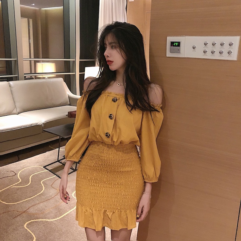 VK旗艦店 韓系度假風鈕扣棉麻修身包臀短袖洋裝