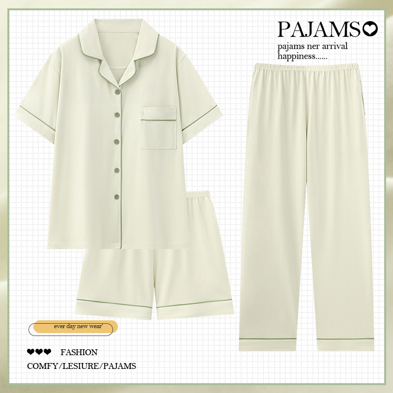 Green Milk Three-Piece Cotton Pajamas Set for Women, Summer Short-Sleeved Long Pants, Simple Solid Color Loungewear, Pure Cotton Set Green Milk Three-Piece Cotton Pajamas Set for Women, Summer Short-Sleeved Long Pants, Simple Solid Color Loungewear, Pure Cotton Set