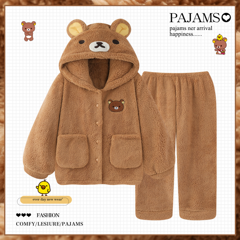 Rilakkuma Pajamas for Women, Autumn and Winter Coral Velvet Fleece-Lined, Thickeneded, Warm, Flannel Hooded, Can Be Worn Outside as Home Clothes