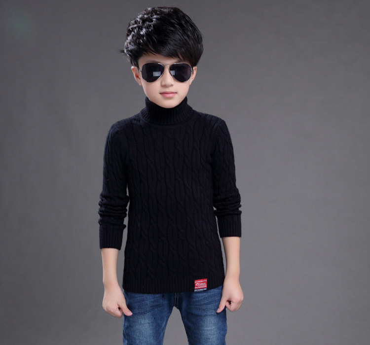 Boys turtleneck sweater plus velvet thick bottoming shirt boy 2020 winter middle and big children pullover black knitted sweater