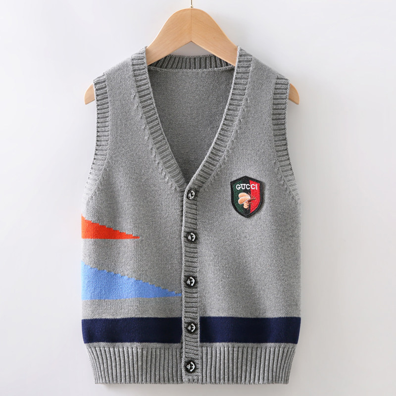 Boy sweater vest Spring autumn CUHK Knitted Waistcoat Cardiovert Jacket Children Foreign Pie Pure Cotton Sleeveless Vest Tide