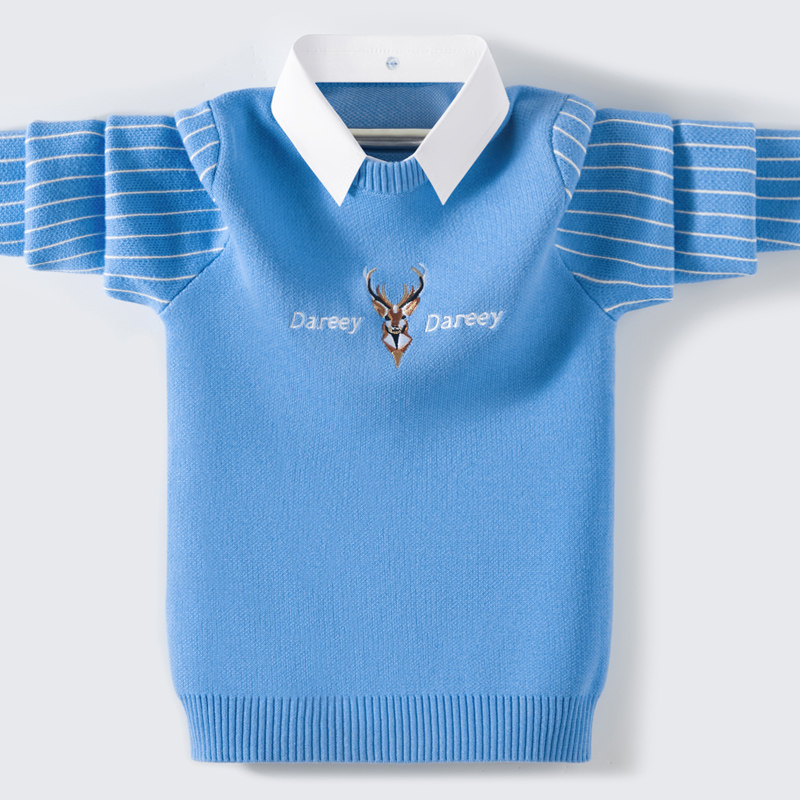 Boys' sweater autumn and winter pure cotton pullover middle and big children children's knitting boy lapel 8-15 years old plus velvet thickened foreign style