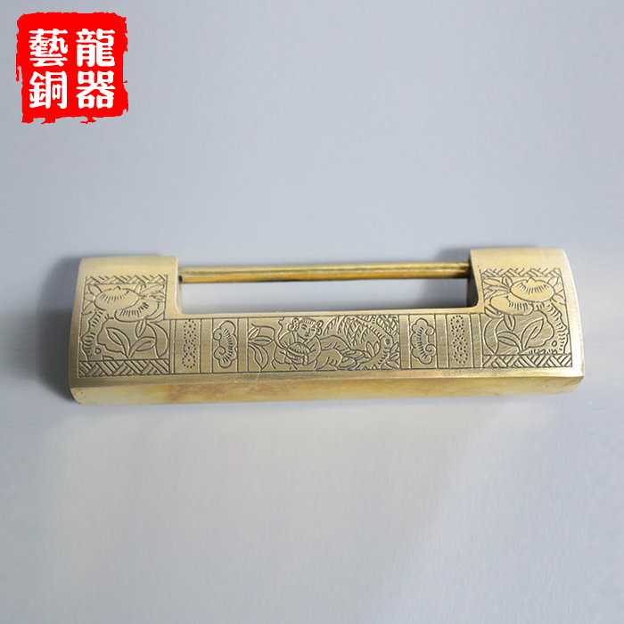 Antique Chinese style horizontal opening full copper hanging box lock old-fashioned small copper lock pin lock pure copper engraved wooden door padlock