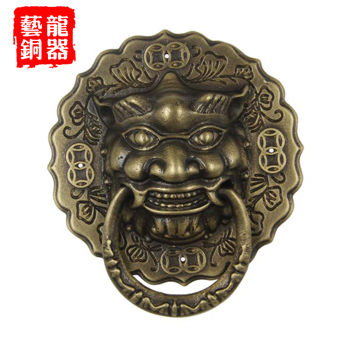 Pure copper lion head antique door knocker new Chinese style door handle unicorn tiger head big handle shop title ring glass door