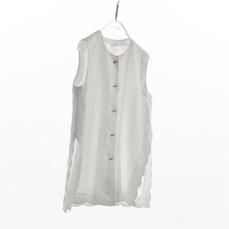 Kongdu Summer Atmosphere Outfit: Linen Lace Vest Shirt for Women, Loose Sleeveless Mid-Length Top