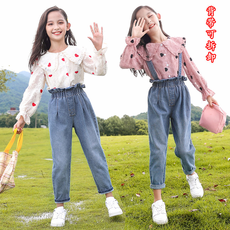 Internet celebrity girls autumn suit 2022 new style big boy spring and autumn children's denim overalls two-piece suit trendy