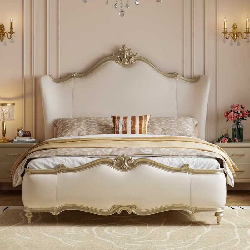 French-Style Light Luxury Solid Wood Bed 1.8m Double Leather-Upholstered American-Style Master Bedroom Large Bed with Carved European-Style Princess Wedding Bed French-Style Light Luxury Solid Wood Bed 1.8m Double Leather-Upholstered American-Style Master Bedroom Large Bed with Carved European-Style Princess Wedding Bed