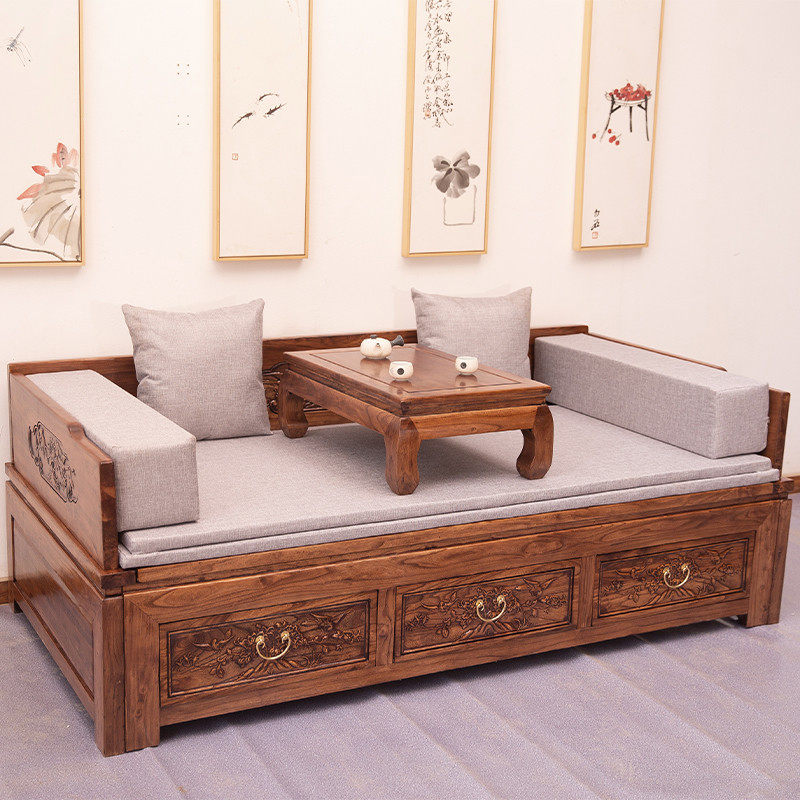 New Chinese-style old elm Arhat bed solid wood push-pull telescopic modern minimalist sofa bed Zen small living room