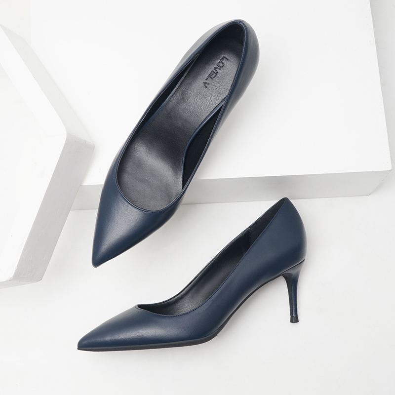 Spring New Black High-Heeled Shoes for Women, Dark Blue 6Cm/8Cm Stiletto Heel, Pointed Toe, Shallow Mouth, Versatile Professional Formal Shoes