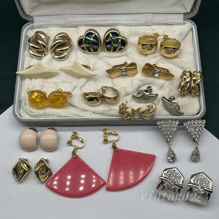 Western Antique Vintage Ear Clip Fan-Shaped Acrylic Enamel Peach Heart Rhinestone Retro Amber Earrings Earrings