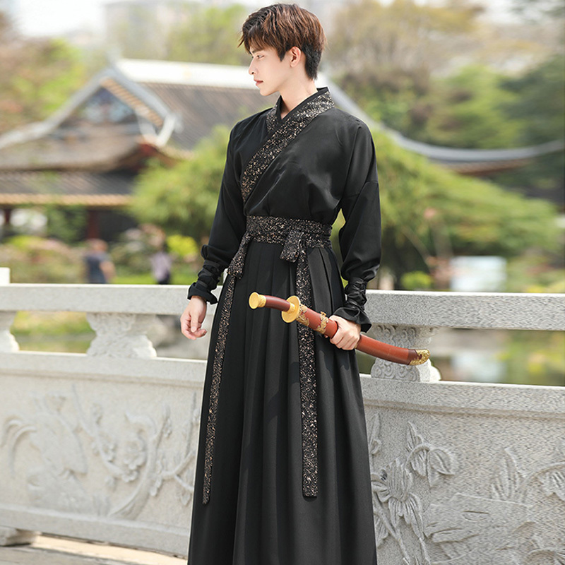 Original Martial Arts Style Hanfu Men's Chinese Style Ancient Costume Black Gold-Stamped Swordsman Large-Sleeve Shirt Set Ancient Style Performance Clothing