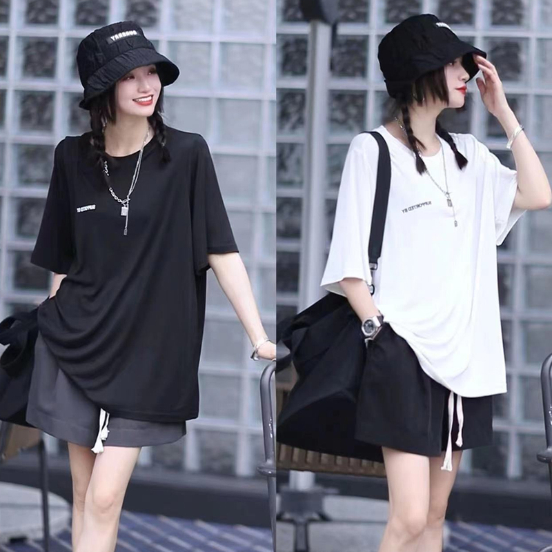 Lazy Style, Icy Silky Letter Print Round Neck Short-Sleeved T-Shirt for Women, New Summer Style, Loose Mid-Length Top Lazy Style, Icy Silky Letter Print Round Neck Short-Sleeved T-Shirt for Women, New Summer Style, Loose Mid-Length Top