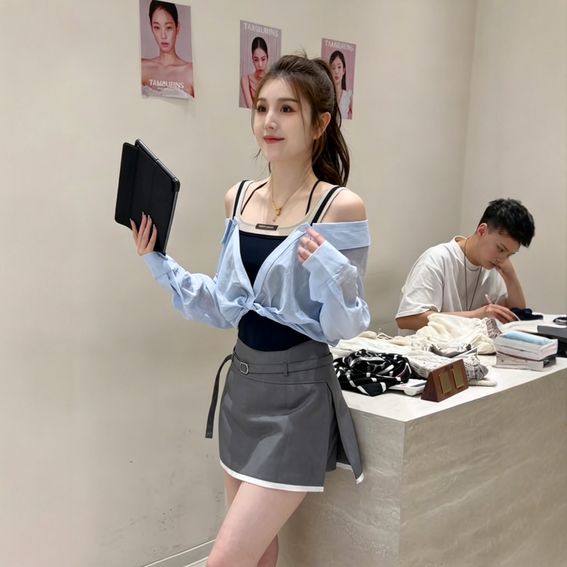 Korean-Style Fake Two-Piece Vest with Long-Sleeve Shirt for Women, Summer Niche Design, Off-Shoulder Blue Short Top