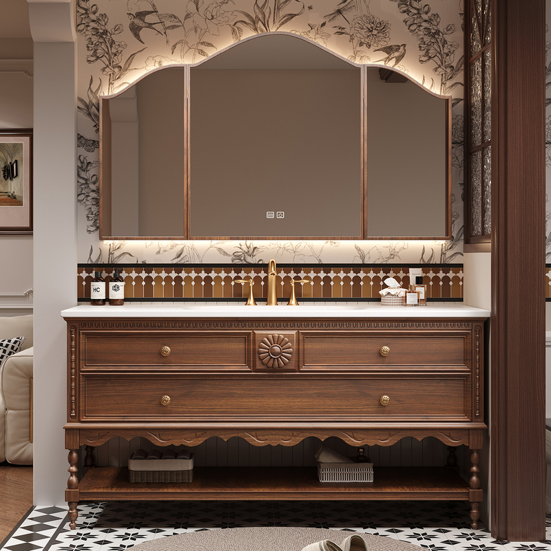 French-Style Vintage Oak Bathroom Cabinet Set with Floor-Standing American-Style Washbasin and Sink