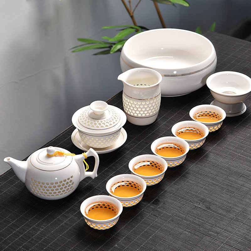 Tea set set ceramic complete set of kung fu tea set tea cup tea pot tea ceremony solid wood tea tray tea set simple household