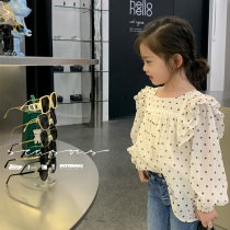 Girls polka dot shirt 2022 spring dress new style foreign childrens square collar shirt long sleeves in the big boy spring and autumn top tide