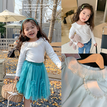 Girls Spring and Autumn Lace Lace Lapel T-Shirt 2022 New Baby Collar Legging Princess Style Versatile Top