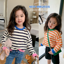 Childrens Striped Contrast Bottom Sweater Spring 2022 New Korean Version Boys and Girls Long Sleeves Round Neck Pullover Top