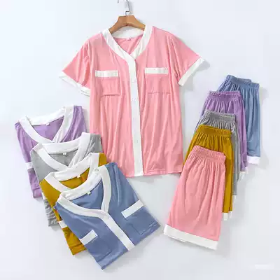Pajamas women's summer modal cotton short-sleeved shorts V-neck cardigan home clothes stitching pocket T-shirt two-piece suit