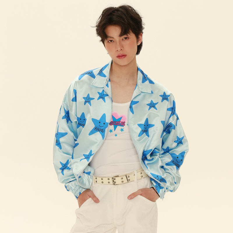 Kdl Cardoli Original Light Blue American Y2K Street Style Pentagram Print Loose Windproof Jacket