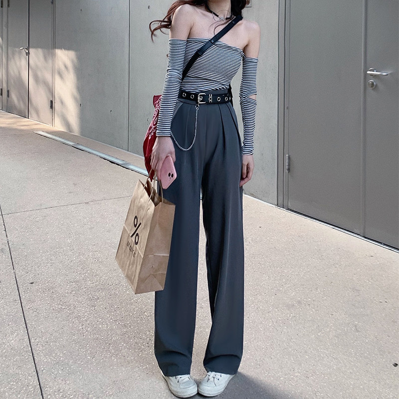 Grey Suit Broadlegged Pants Woman Spring Summer 2022 New Casual Lazy Tug Pants Small Subpendant Senses Straight Pants